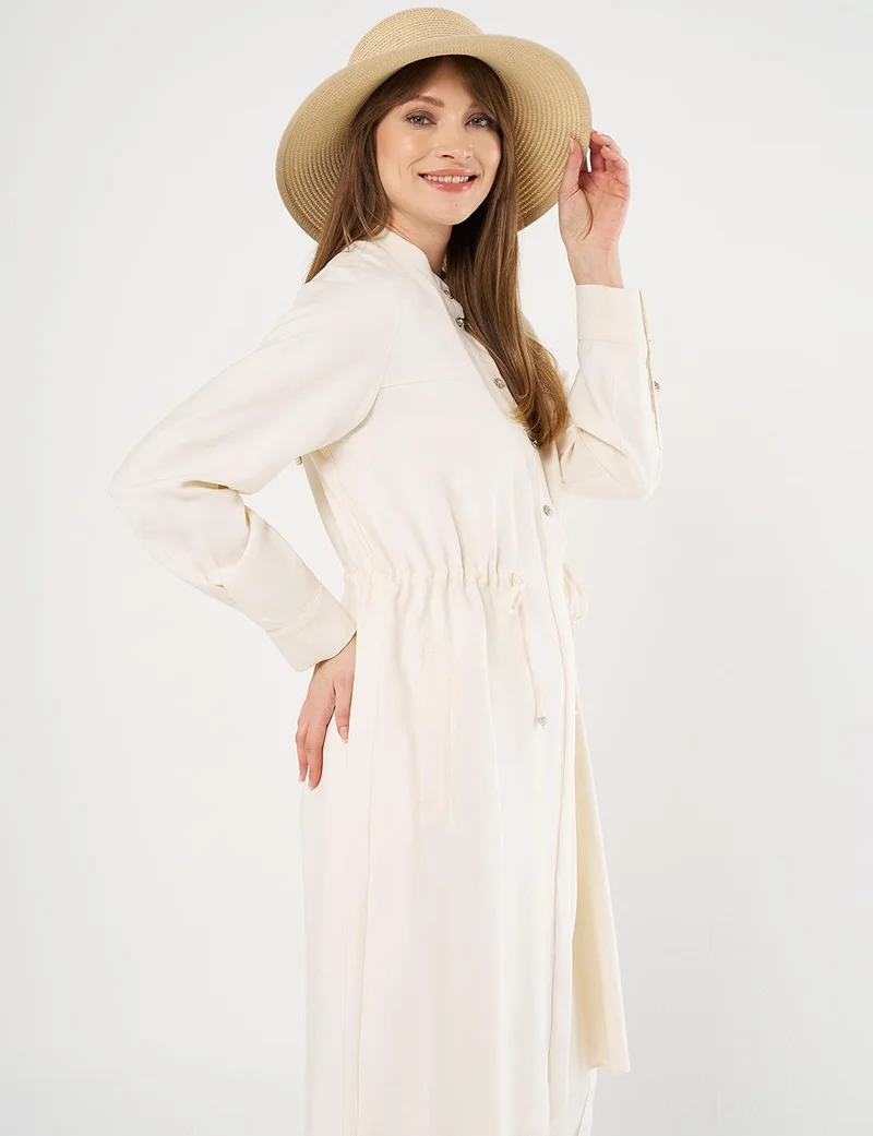Kayra Embroidered Appliqué Drawstring Waist Long Tunic Ecru