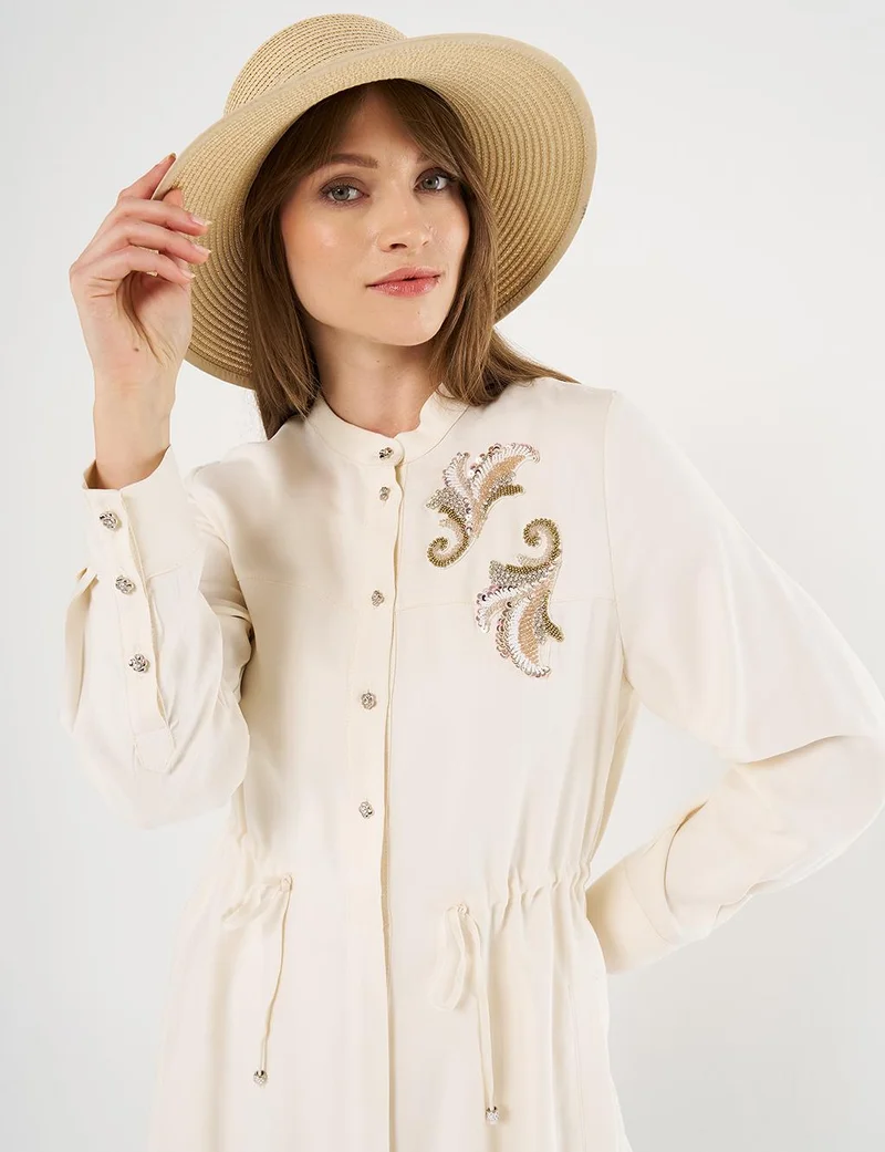 Kayra Embroidered Appliqué Drawstring Waist Long Tunic Ecru
