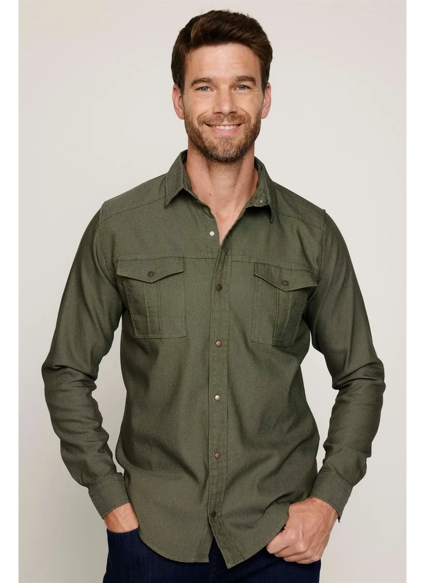 Tudors Slim Fit Washed Denim Plain Double Pocket Green Shirt