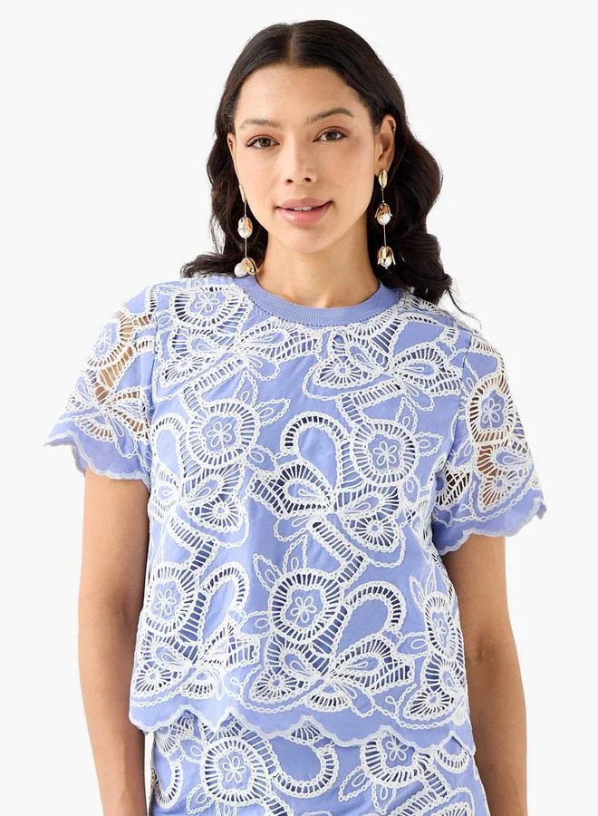 ايكونيك Iconic Cotton Crop Top with Cutwork Embroidery