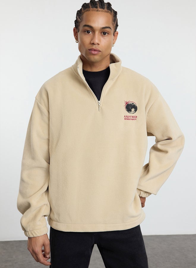 trendyol Stone Oversize/Wide Cut Stand Collar Anti-Pilling Warm/Fleece Sweatshirt TMNAW25SW00022 - Image 1