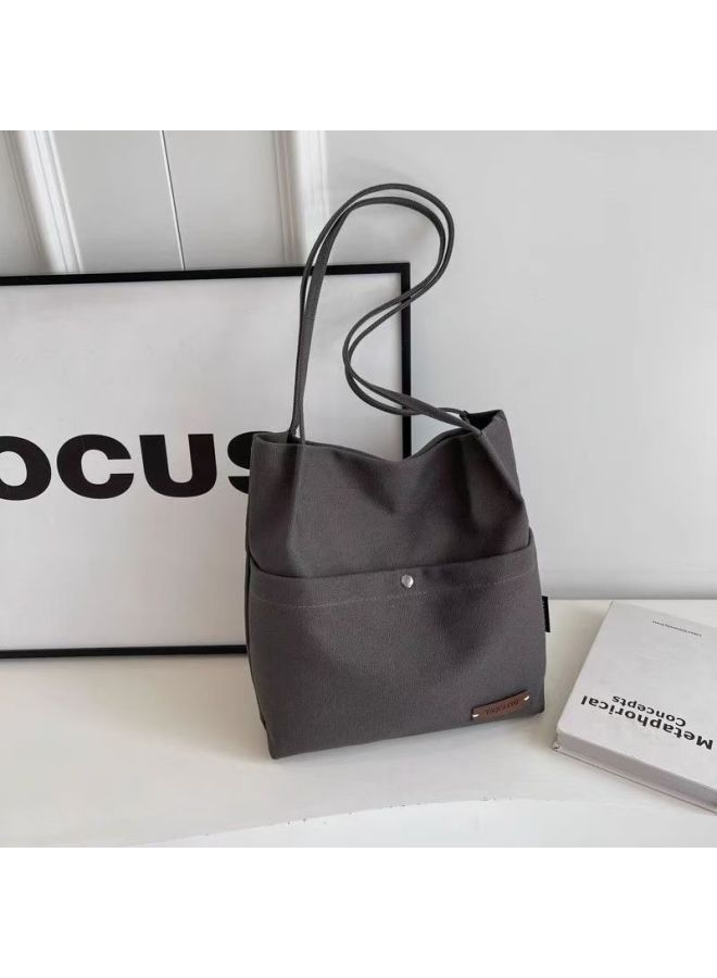 Japanese Niche Design Underarm Canvas Bag Women's Fashionable Shoulder Tote Bag Large Capacity Commuter Tote Bag-Color:Black Front Large Pocket Button-single Layer Ordinary Style-Size:One Size Fits All - Image 3