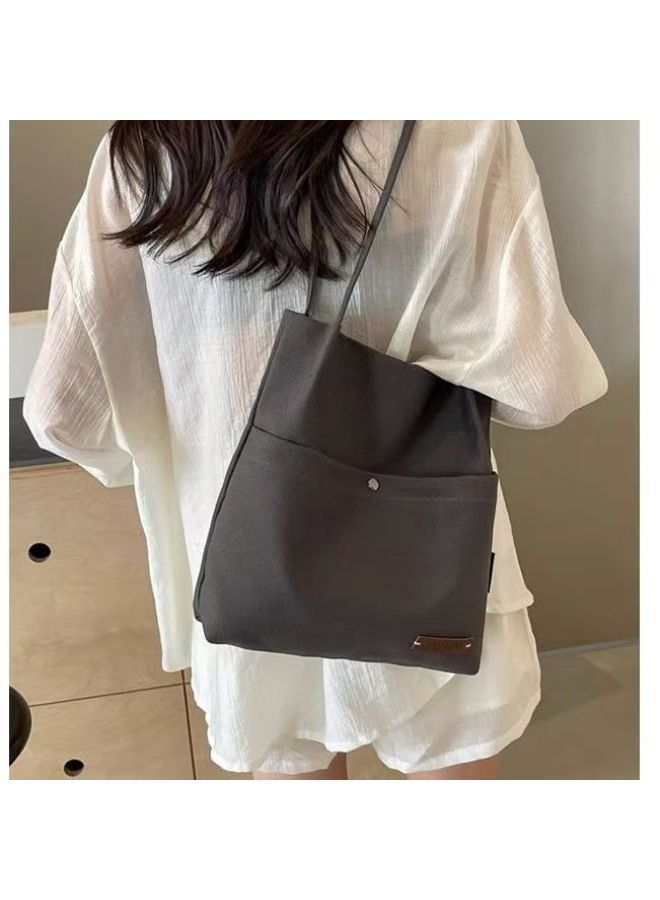 Japanese Niche Design Underarm Canvas Bag Women's Fashionable Shoulder Tote Bag Large Capacity Commuter Tote Bag-Color:Black Front Large Pocket Button-single Layer Ordinary Style-Size:One Size Fits All - Image 1