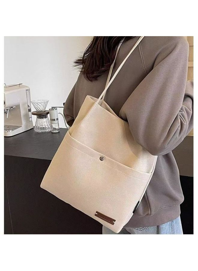 Japanese Niche Design Underarm Canvas Bag Women's Fashionable Shoulder Tote Bag Large Capacity Commuter Tote Bag-Color:Black Front Large Pocket Button-single Layer Ordinary Style-Size:One Size Fits All - Image 5