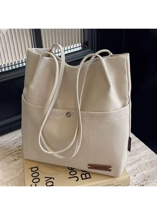 Japanese Niche Design Underarm Canvas Bag Women's Fashionable Shoulder Tote Bag Large Capacity Commuter Tote Bag-Color:Black Front Large Pocket Button-single Layer Ordinary Style-Size:One Size Fits All - Image 2