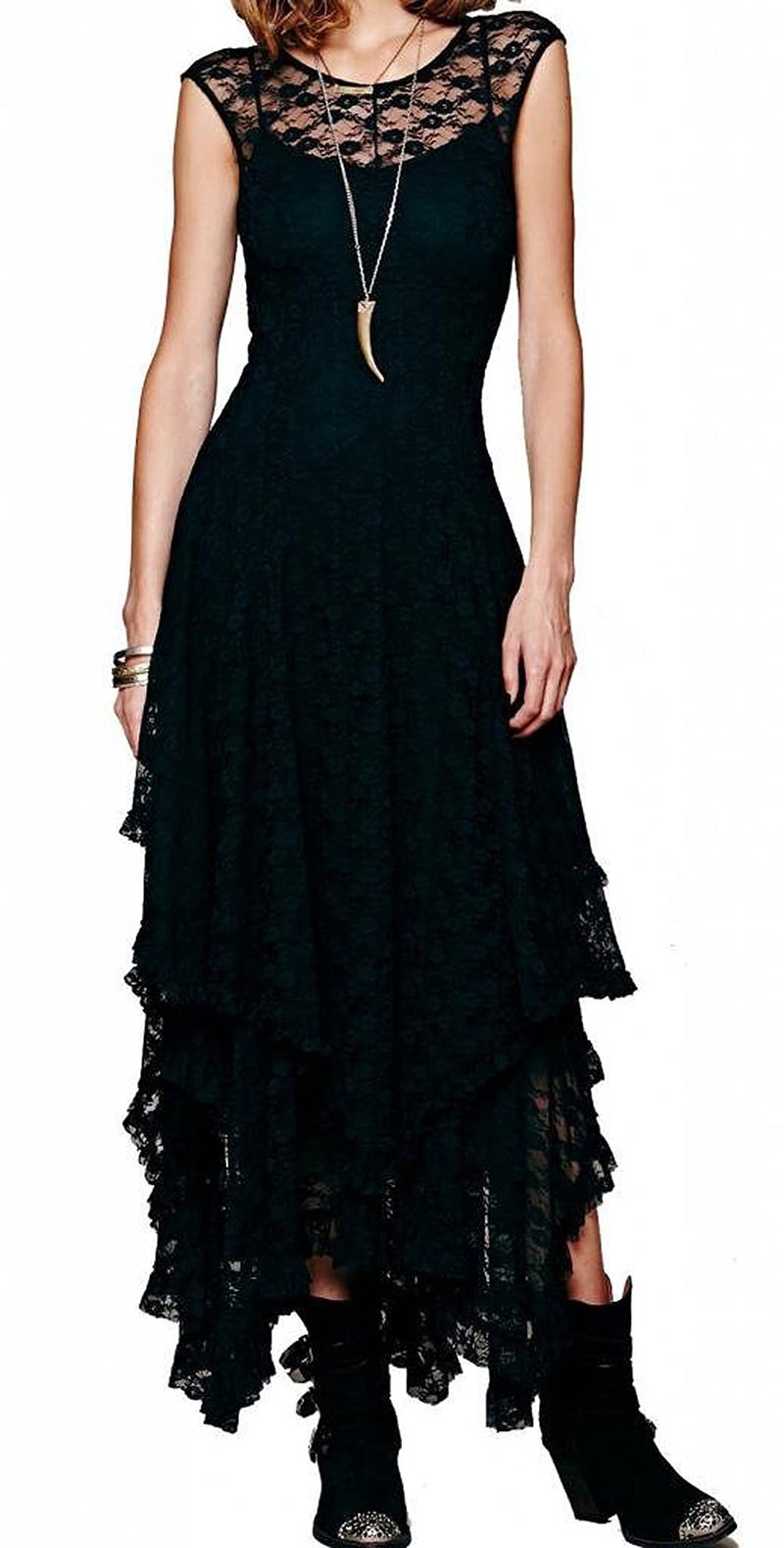 R.Vivimos Womens Sleeveless Backless Asymmetrical Layered Lace Long Dress with Slip Two Pieces (Small, Black) - Image 1