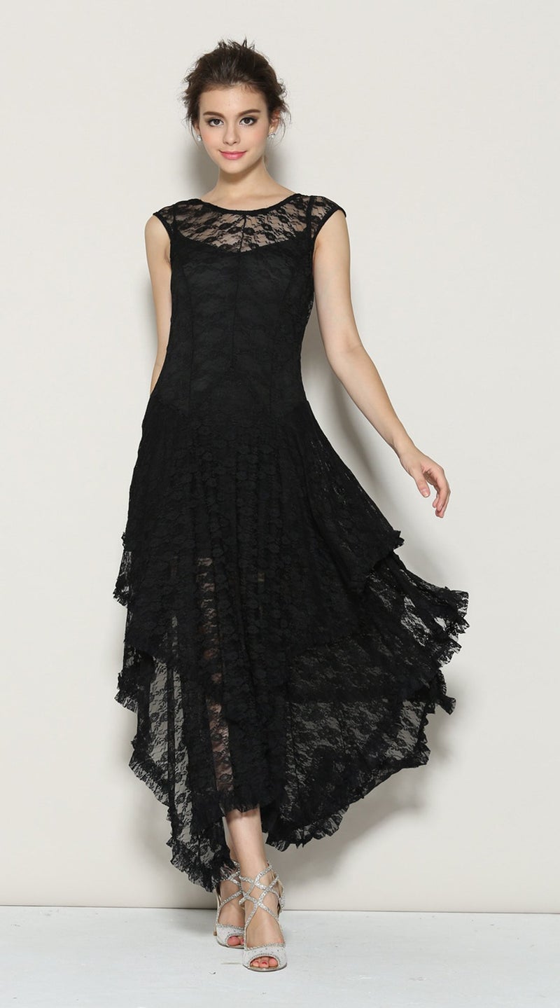 R.Vivimos Womens Sleeveless Backless Asymmetrical Layered Lace Long Dress with Slip Two Pieces (Small, Black) - Image 4