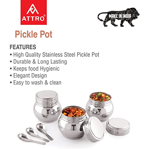 Attro Stainless Steel Pickle Serving Containers with Lid & Spoon 350Ml, Multipurpose Storage for Mukhvas, Dryfruits, Namkeen, Chips, Snacks, Chutney, Sauce (Diameter - 7.6Cm) - Set of 3 - Silver - Image 4