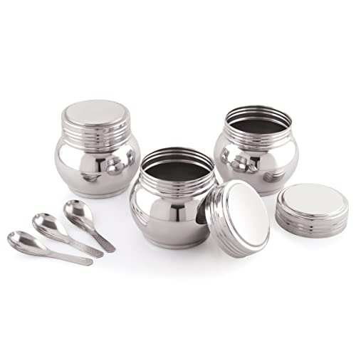 Attro Stainless Steel Pickle Serving Containers with Lid & Spoon 350Ml, Multipurpose Storage for Mukhvas, Dryfruits, Namkeen, Chips, Snacks, Chutney, Sauce (Diameter - 7.6Cm) - Set of 3 - Silver - Image 1