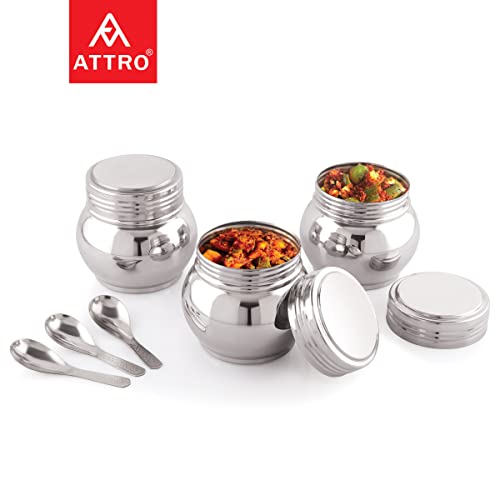 Attro Stainless Steel Pickle Serving Containers with Lid & Spoon 350Ml, Multipurpose Storage for Mukhvas, Dryfruits, Namkeen, Chips, Snacks, Chutney, Sauce (Diameter - 7.6Cm) - Set of 3 - Silver - Image 2