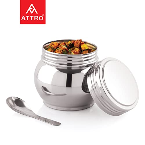 Attro Stainless Steel Pickle Serving Containers with Lid & Spoon 350Ml, Multipurpose Storage for Mukhvas, Dryfruits, Namkeen, Chips, Snacks, Chutney, Sauce (Diameter - 7.6Cm) - Set of 3 - Silver - Image 3
