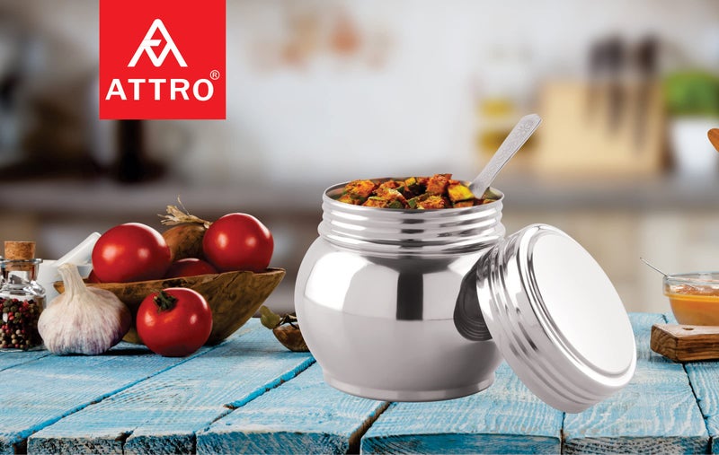 Attro Stainless Steel Pickle Serving Containers with Lid & Spoon 350Ml, Multipurpose Storage for Mukhvas, Dryfruits, Namkeen, Chips, Snacks, Chutney, Sauce (Diameter - 7.6Cm) - Set of 3 - Silver - Image 5