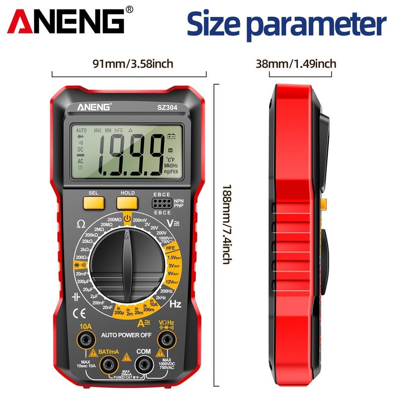 ANENG Red High Precision Digital Multimeter Portable AC/DC Voltage Buzzer Diode Tester - Image 1