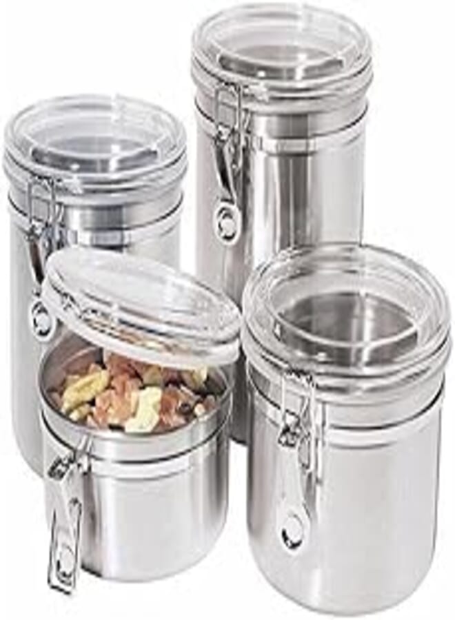 OR Stainless Steel Canister Set with Transparent Lid and Clamp - 4-Pieces