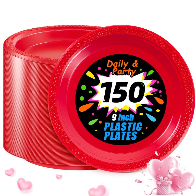 WELLIFE Red Party Plates 9 Inch 150 Count Plastic Disposable Plates for Dinner Party Easter Mothers Day - Image 3