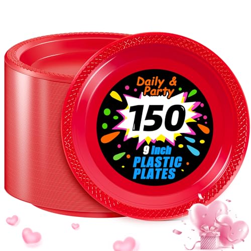 WELLIFE Red Party Plates 9 Inch 150 Count Plastic Disposable Plates for Dinner Party Easter Mothers Day - Image 2