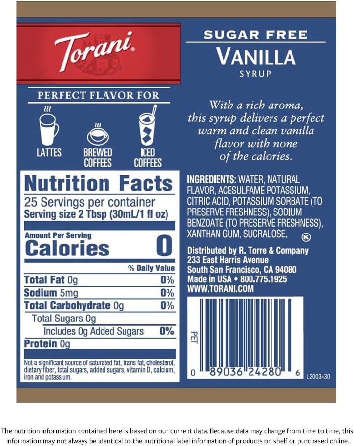 Torani Sugar Free Vanilla Syrup, 25.4 Ounce Bottles, Pack of 4 - Image 2