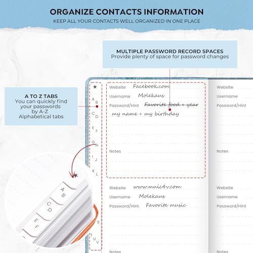 molekaus Password Book with Alphabetical Tabs Small Password Keeper with Extra Password Space to Change Password. Password Notebook for Home or Office for Internet Log In, 6.1 * 3.7in Light blue - Image 4