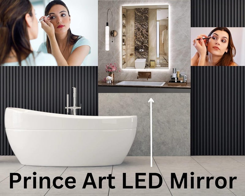 PRINCE ART مرآة LED زجاجية ديكورية للحمام مع مستشعر لمسة وتصميم جدار مرآة فاخرة 18x24 بوصة مستطيلة DH11 - Image 2