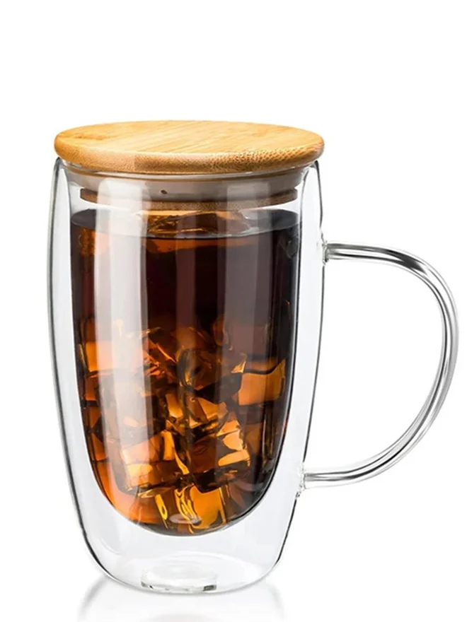 1 تشيس 1CHASE Double Walled Coffee Cups With Handle And Bamboo Lid, 450ml