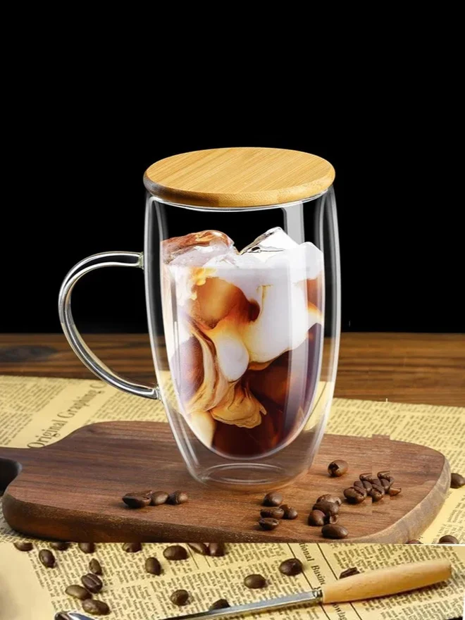 1 تشيس 1CHASE Double Walled Coffee Cups With Handle And Bamboo Lid, 450ml