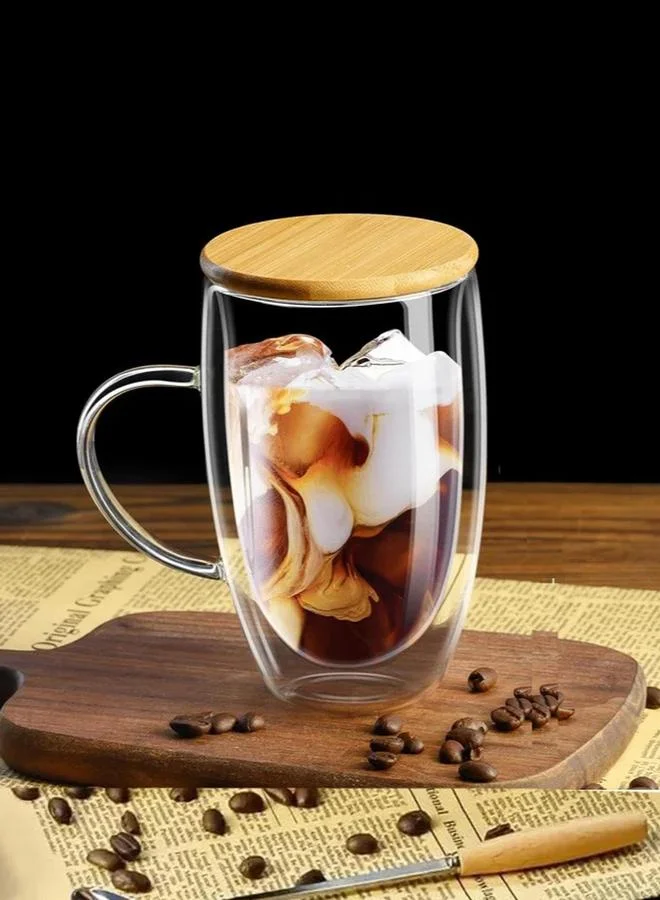 1 تشيس أكواب قهوة مزدوجة الجدار مع مقبض وغطاء بامبو،  مل