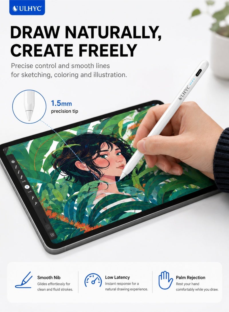 يو إل اتش واي سي قلم لمس لأجهزة iPad مزود بخاصية رفض راحة اليد، متوافق مع أجهزة Apple iPad Pro مقاس 11/12.9 بوصة (2018-2026)، وأجهزة iPad من الجيل العاشر/التاسع/الثامن/السابع/السادس، وأجهزة iPad Air من الجيل الخامس/الرابع/الثالث، وأجهزة iPad Mini من الجيل السادس/الخامس. - Image 5