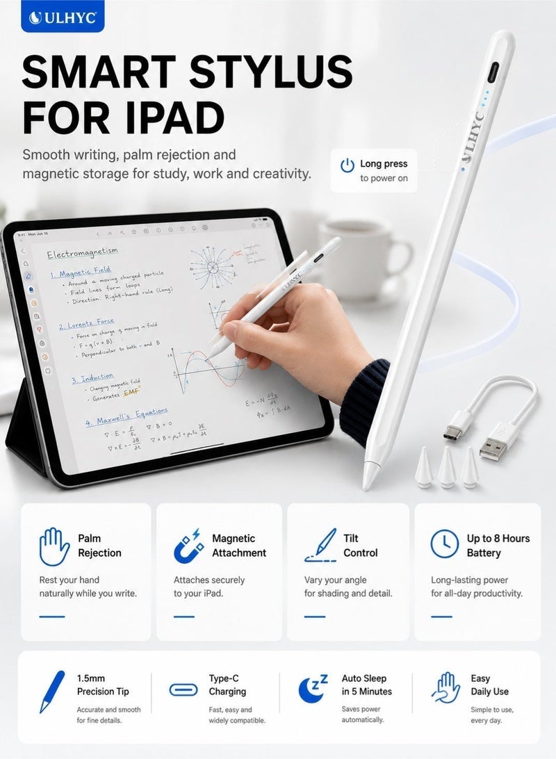 ULHYC Stylus Pen for iPad with Bluetooth Battery Display & Palm Rejection, Active Pencil Compatible with 2018-2026 Apple iPad Pro 11/12.9 Inch, iPad 10th/9th/8th/7th/6th Gen, iPad Air 5th/4th/3rd Gen, iPad Mini 6th/5th Gen - Image 2