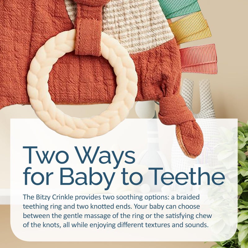 Itzy Ritzy - Bitzy Crinkle Sensory Toy for Babies & Toddlers â€” Features Crinkle Sound, Soft Braided Teething Toy Ring & Textured Ribbons â€” Gender Neutral Baby Item for Ages 0 Months & Up, Fox - Image 4