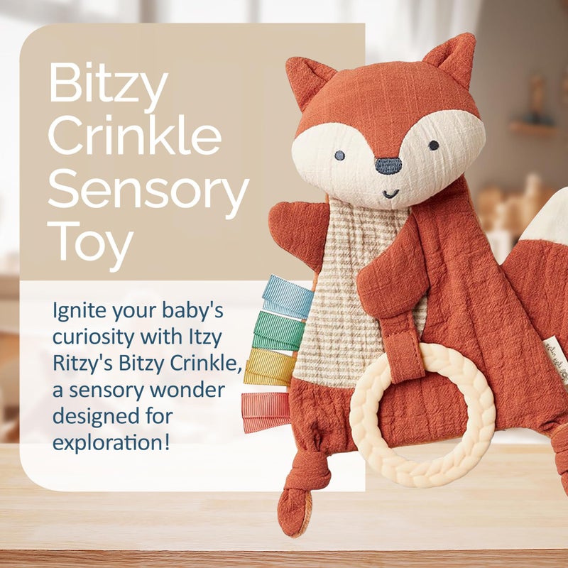 Itzy Ritzy - Bitzy Crinkle Sensory Toy for Babies & Toddlers â€” Features Crinkle Sound, Soft Braided Teething Toy Ring & Textured Ribbons â€” Gender Neutral Baby Item for Ages 0 Months & Up, Fox - Image 2