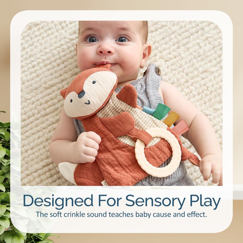 Itzy Ritzy - Bitzy Crinkle Sensory Toy for Babies & Toddlers â€” Features Crinkle Sound, Soft Braided Teething Toy Ring & Textured Ribbons â€” Gender Neutral Baby Item for Ages 0 Months & Up, Fox - Image 5
