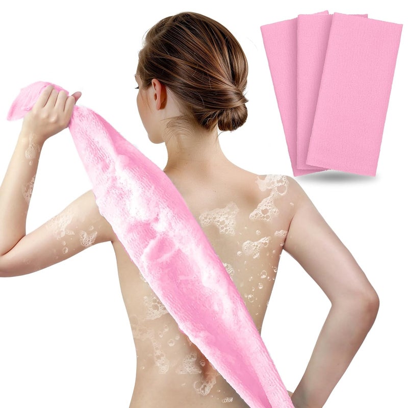 ARCH&M Back Scrubber & Exfoliating Washcloth (3 Pack) - The Ultimate Solution for Back Acne & Rough Skin, 35-Inch Japanese Towel for Full Body Cleansing (Pink x 3) - Image 1