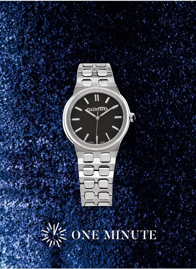 GIANTTO Men's watch, Swiss Made, Elegant And Luxurious Design, Black Dial, Waterproof, Stainless Steel Bracelet, Silver - 117945M-1 