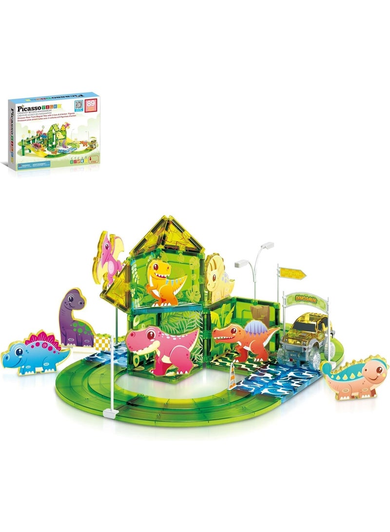 PicassoTiles بلاط بيكاسو المغناطيسي مسار سباق الديناصورات 89 قطعة | ألعاب STEM | مجموعة ألعاب تعليمية | كتل تكديس | تعزيز مهارات حل المشكلات والمهارات الحركية الدقيقة | تحسين التنسيق والإبداع | هدية للأطفال والرضع | مجموعة بناء لتطوير عقل الطفل - Image 1