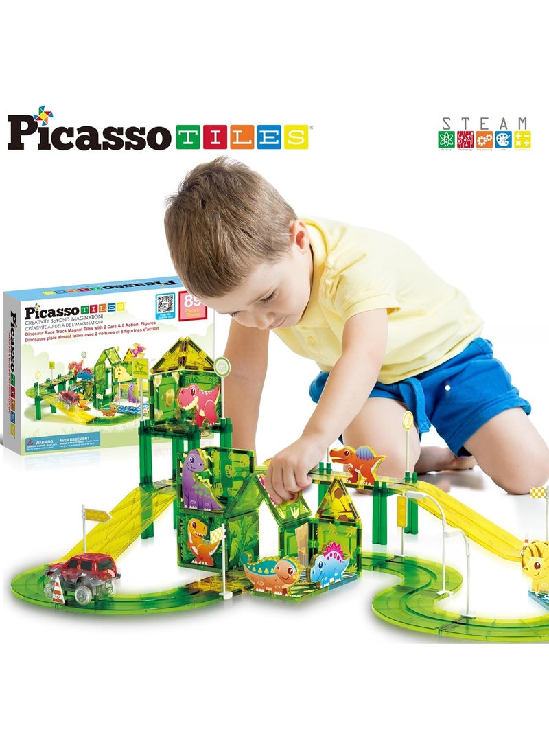 PicassoTiles بلاط بيكاسو المغناطيسي مسار سباق الديناصورات 89 قطعة | ألعاب STEM | مجموعة ألعاب تعليمية | كتل تكديس | تعزيز مهارات حل المشكلات والمهارات الحركية الدقيقة | تحسين التنسيق والإبداع | هدية للأطفال والرضع | مجموعة بناء لتطوير عقل الطفل - Image 2