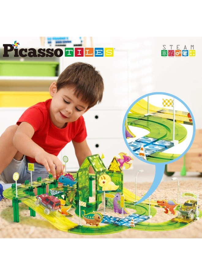 PicassoTiles بلاط بيكاسو المغناطيسي مسار سباق الديناصورات 89 قطعة | ألعاب STEM | مجموعة ألعاب تعليمية | كتل تكديس | تعزيز مهارات حل المشكلات والمهارات الحركية الدقيقة | تحسين التنسيق والإبداع | هدية للأطفال والرضع | مجموعة بناء لتطوير عقل الطفل - Image 3