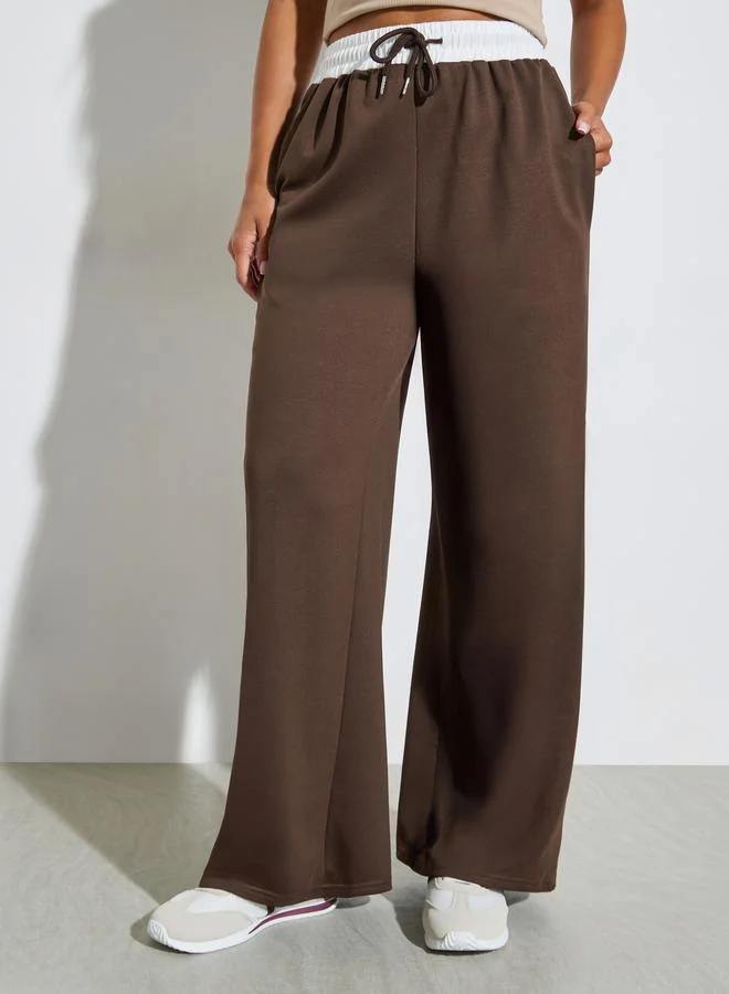 Styli Brown Wide Leg Joggers with Drawstring