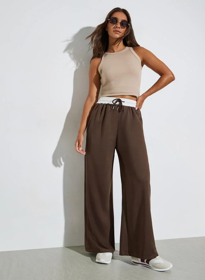 Styli Brown Wide Leg Joggers with Drawstring