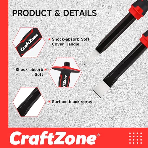 CRAFTZONE Masonry Chisel Set - 2-Piece Heavy Duty Pointed & Flat Rock Chisels, Concrete Stone Chisel with Hand Protection for Brick Breaking Carving Splitting Cutting Mason Tools - Image 3