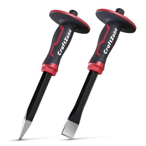 CRAFTZONE Masonry Chisel Set - 2-Piece Heavy Duty Pointed & Flat Rock Chisels, Concrete Stone Chisel with Hand Protection for Brick Breaking Carving Splitting Cutting Mason Tools - Image 1