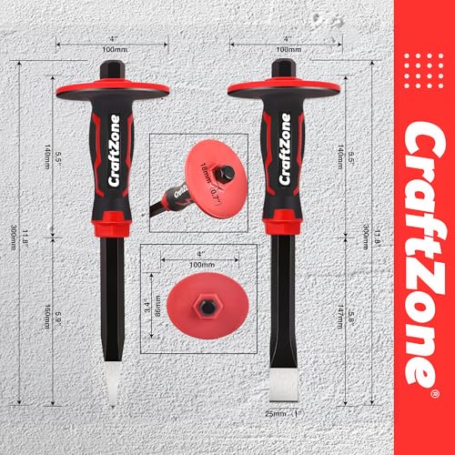 CRAFTZONE Masonry Chisel Set - 2-Piece Heavy Duty Pointed & Flat Rock Chisels, Concrete Stone Chisel with Hand Protection for Brick Breaking Carving Splitting Cutting Mason Tools - Image 5