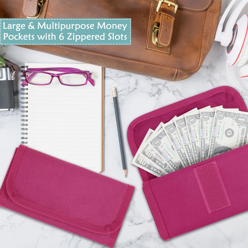 VOCHIC Money Pouch, Money Organizer for Cash with 6 Zippered Pockes, Cash Bill Organizer, Money Bag Small Travel Money Holder for Budgeting, Receipt and Tips(Berry) - Image 5