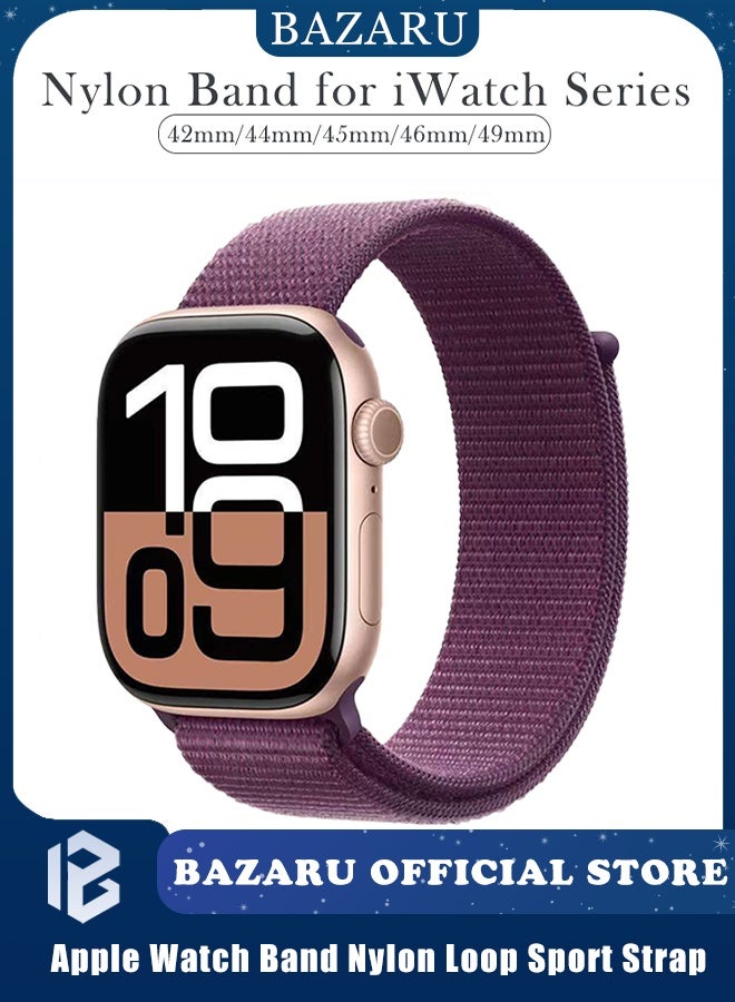 بازار سوار ساعة Apple Watch الرياضي المصنوع من النايلون لساعات Ultra 2/Series 10/9/8/7/SE بمقاس 42-49 مم - سوار منسوج قابل للتعديل ومضاد للتعرق وجيد التهوية للرجال والنساء، مريح وسريع الجفاف للصالة الرياضية والارتداء اليومي (شجرة البرقوق الأحمر) - Image 1