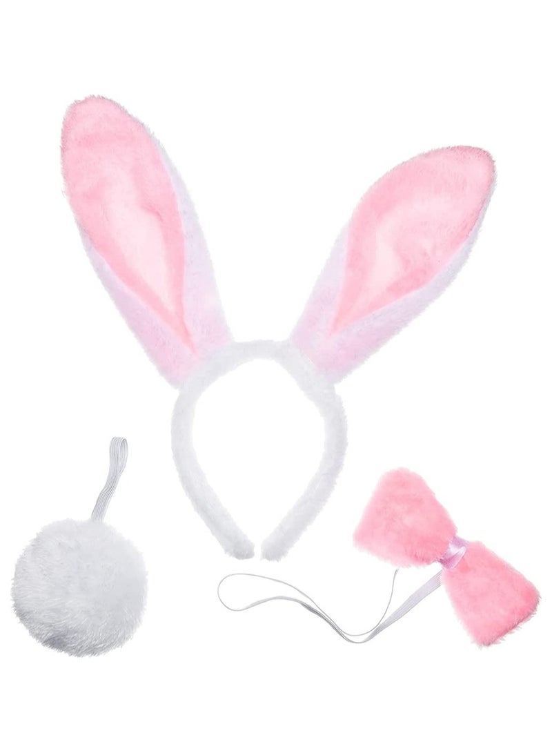 CMGTYYD Costume Set, 3 Pcs Bunny Accessories Set Including Rabbit Bunny Ears Headband, Bow Tie and Tail for Cosplay Party Dress Up Accessories (White and Pink) - Image 1