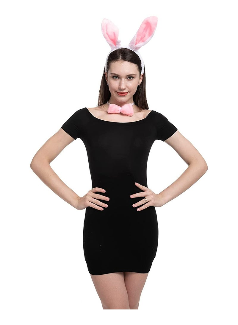 CMGTYYD Costume Set, 3 Pcs Bunny Accessories Set Including Rabbit Bunny Ears Headband, Bow Tie and Tail for Cosplay Party Dress Up Accessories (White and Pink) - Image 4