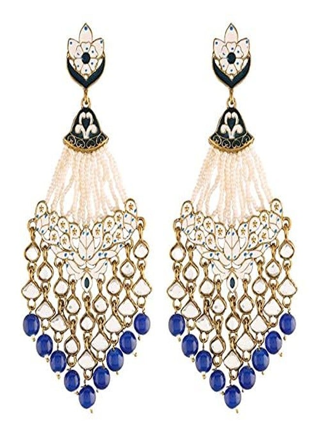 Aheli Indian Traditional Bollywood Handcrafted Blue Meena Work Dangle Earrings Glided with Kundan & Pearls Gift for Women - Image 2