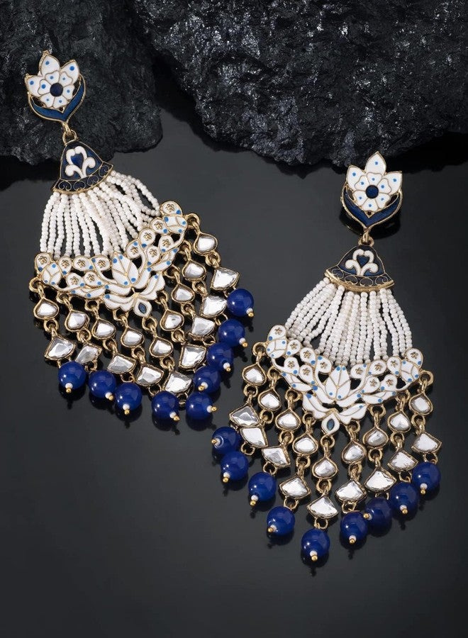 Aheli Indian Traditional Bollywood Handcrafted Blue Meena Work Dangle Earrings Glided with Kundan & Pearls Gift for Women - Image 4
