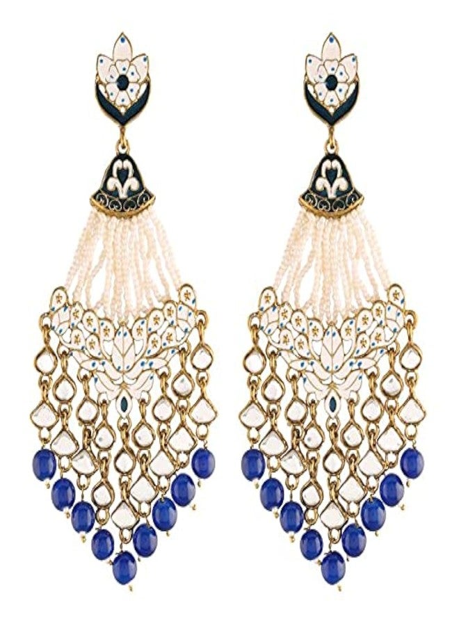 Aheli Indian Traditional Bollywood Handcrafted Blue Meena Work Dangle Earrings Glided with Kundan & Pearls Gift for Women - Image 1
