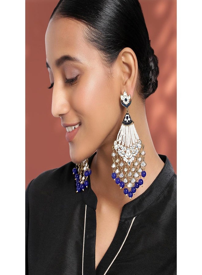 Aheli Indian Traditional Bollywood Handcrafted Blue Meena Work Dangle Earrings Glided with Kundan & Pearls Gift for Women - Image 3