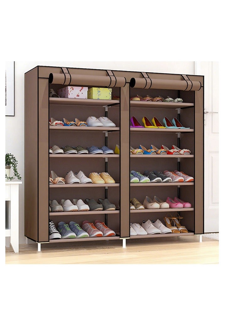 Generic Household Large-Capacity Assembly Shoe Cabinet Storage Cabinet Double Row 6-Layer Non-Woven Shoe Cabinet Thickened Dust-Proof Roller Shutter Storage Cabinet Coffee  - Image 1